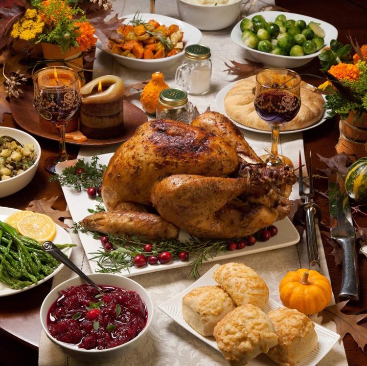 A table full of Thanksgiving food.